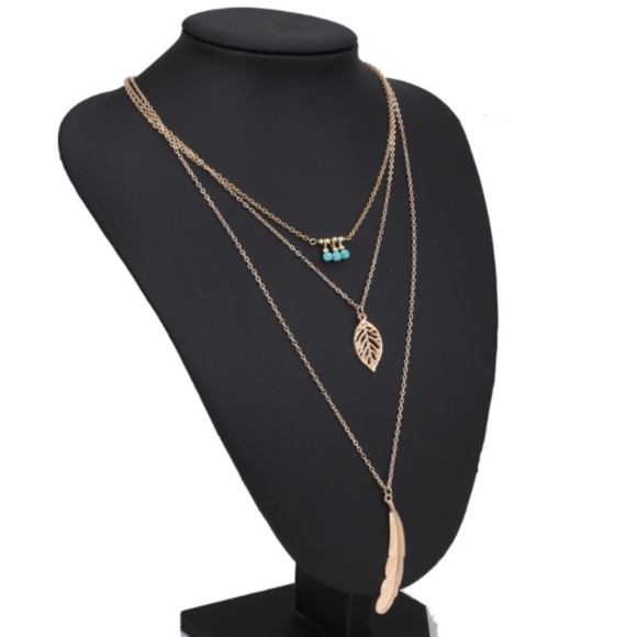 Boho Turquoise Leaf Feather Layered Necklace (#2) - Picture 8 of 13